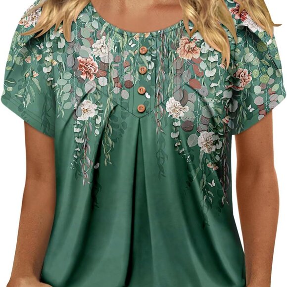 Tops - Womens Summer Crewneck Short Sleeve Pleated Tunic Top S-3XL